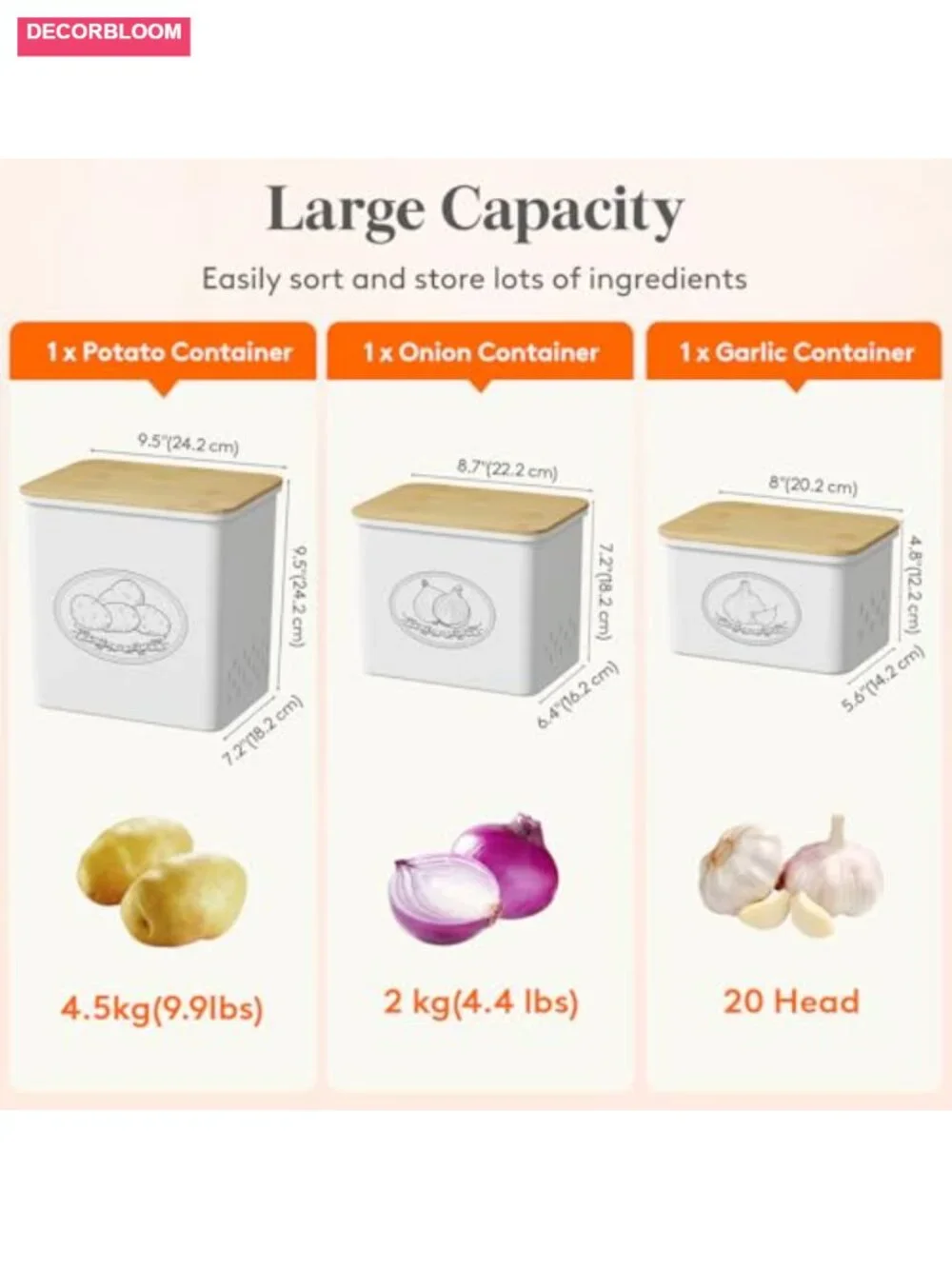 3-Piece Food Storage Bin Set with Bamboo Lids, Stackable Produce Organizer,